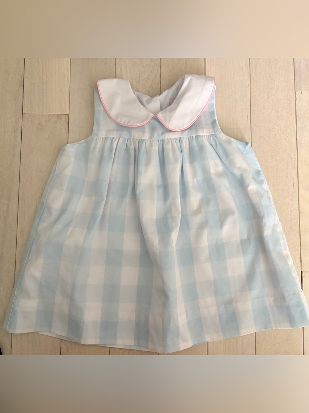 The Beaufort Bonnet Company Baby Blue and White Gingham Dress with Pink Trim